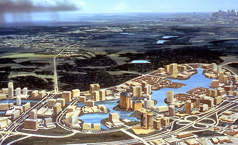 A 1980s concept plan for Las Colinas shows dozens of high-rises around the centerpiece lake.