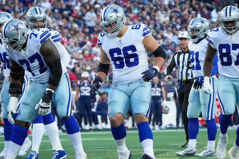 Dallas Cowboys guard Connor McGovern (66) sets up at the line of scrimmage between offensive...