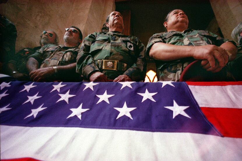 Members of Texas Vietnam Veterans honored Roy Benavidez at his funeral in 1998. The flag had...