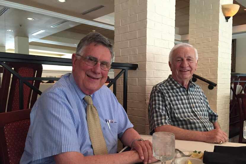 
Jim Christon (left) and Angelo Stergios are shown at Vincent’s Seafood in Plano on July 27. 
