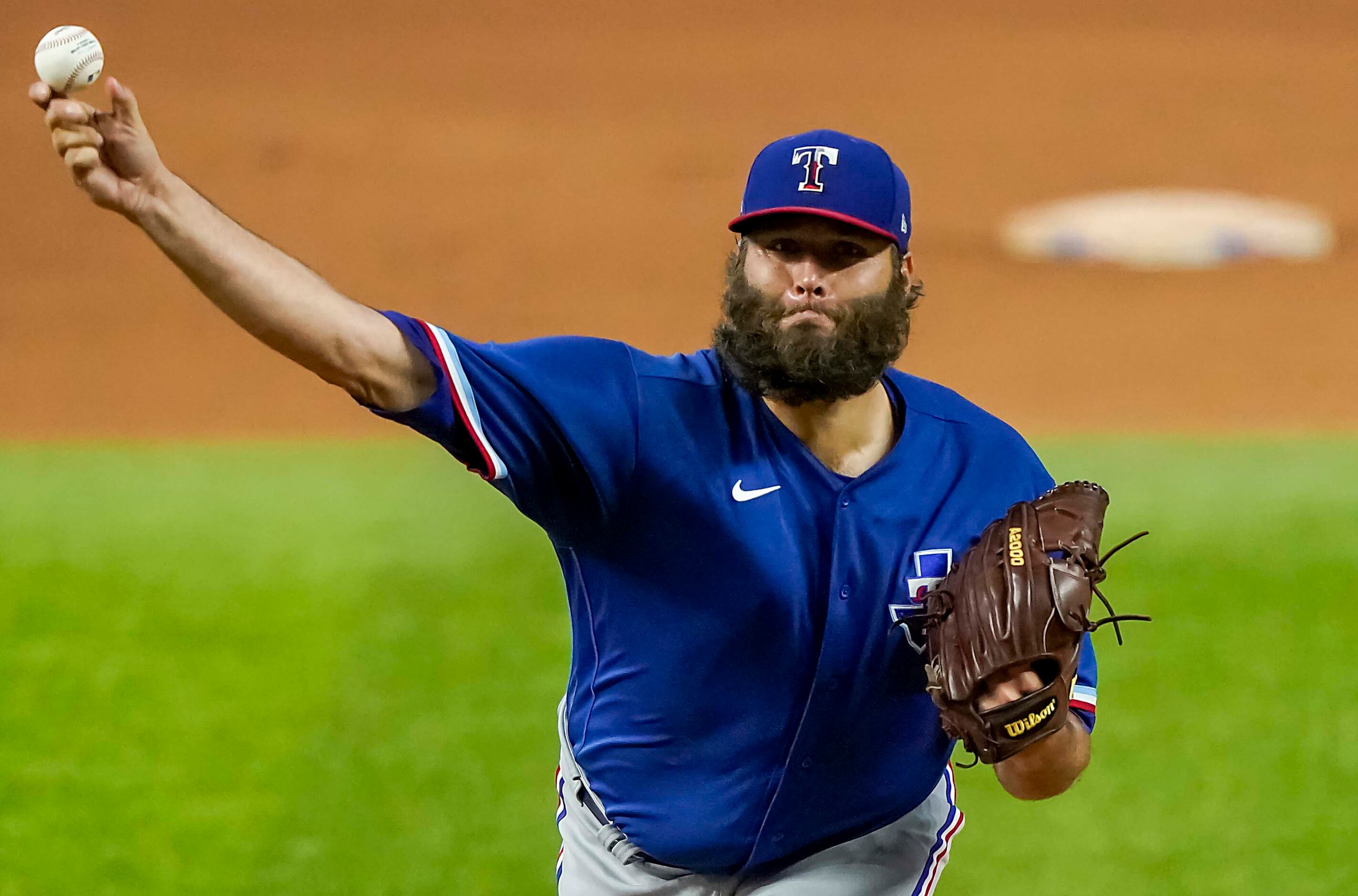 Lance Lynn pitches in an intrasquad game during Texas Rangers Summer Camp at Globe Life...