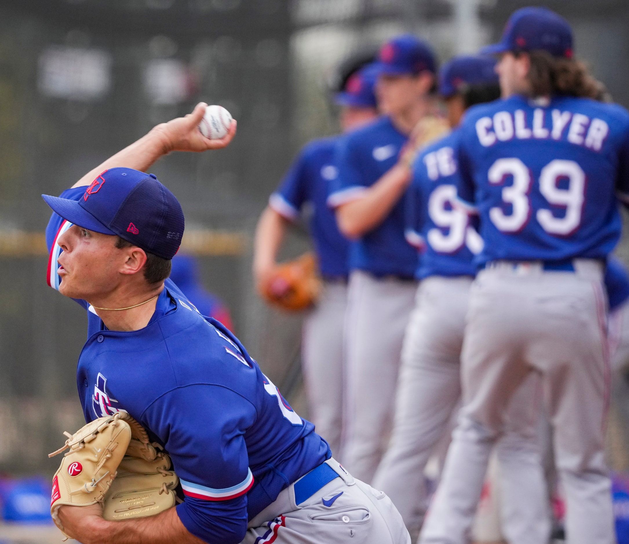 Texas Rangers pitcher Jack Leiter throw in a bullpen session a during a minor league spring...