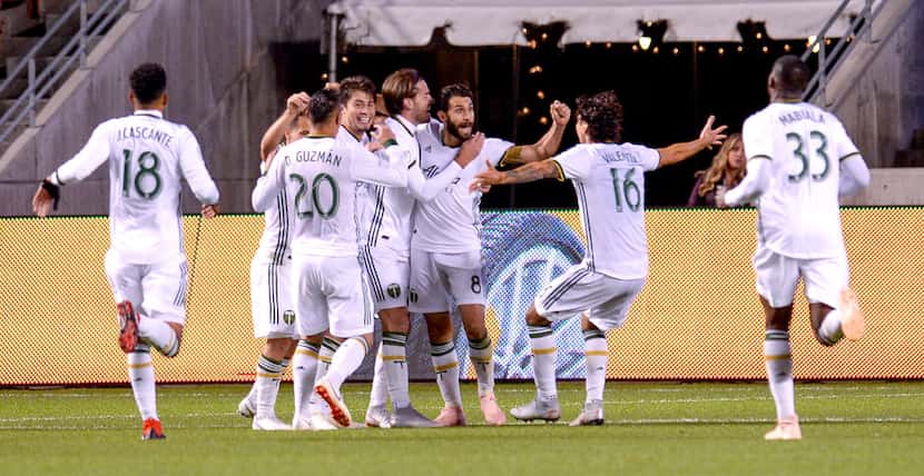 Portland Timbers celebrate a goal during the second half against Real Salt Lake during an...
