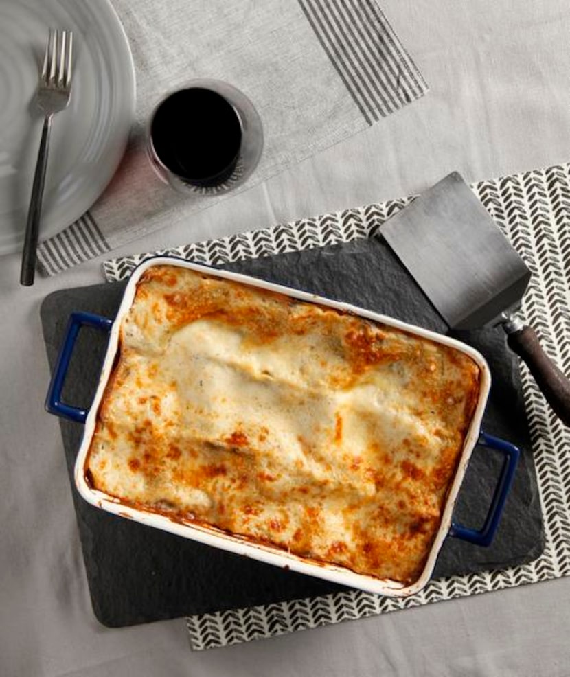 
Portobello Mushroom Lasagna, with slate placemat, cloth placemat, napkin, and plate from...