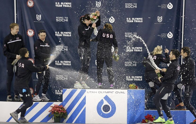 From left, members of the U.S. Short Track team Chris Creveling, J.R. Celski, Jordan Malone,...