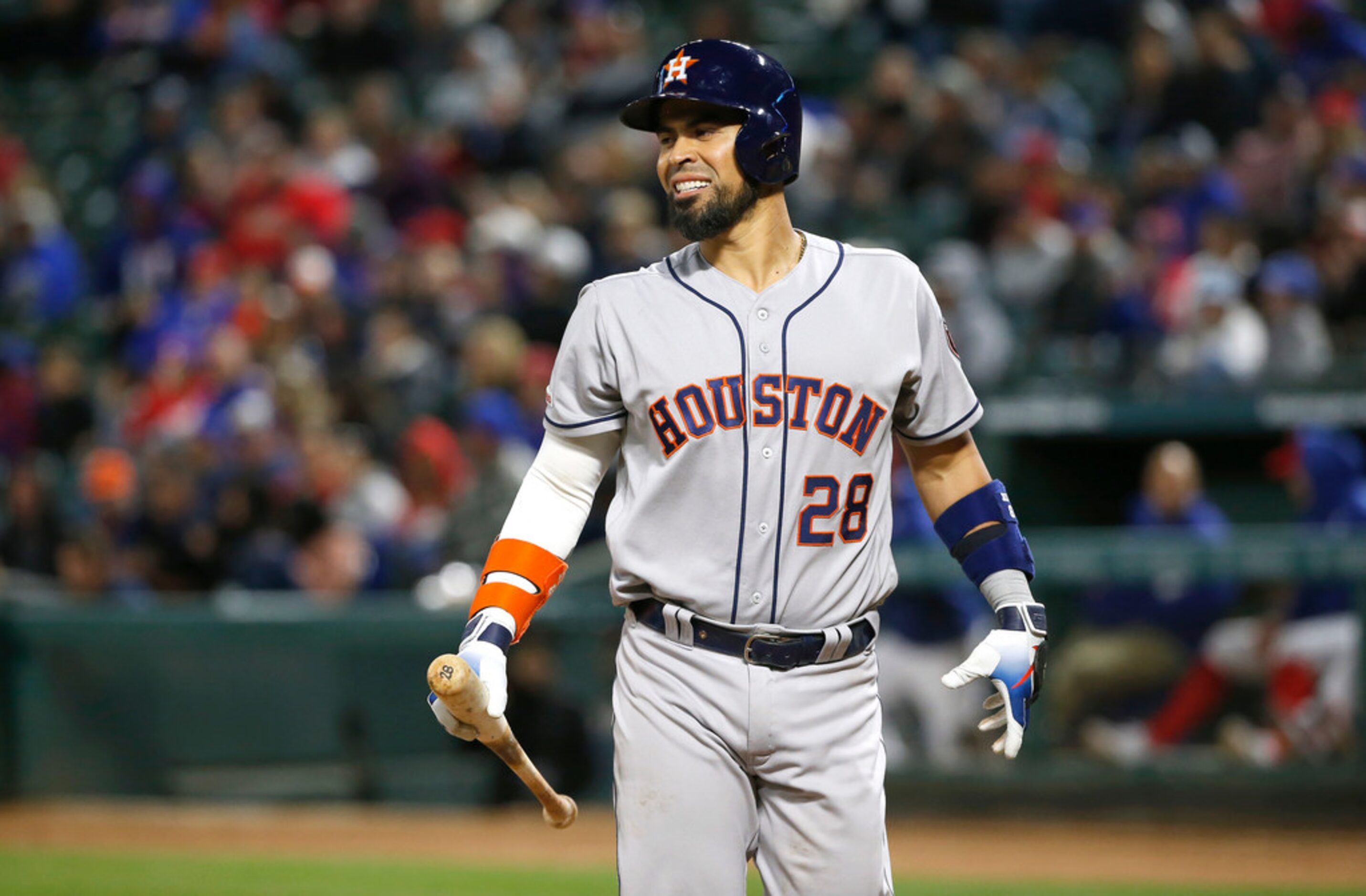 ARLINGTON, TX - APRIL 1: Robinson Chirinos #28 of the Houston Astros reacts between pitches...