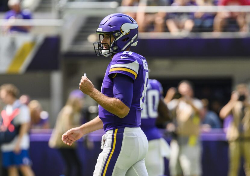 MINNEAPOLIS, MN - AUGUST 24: Kirk Cousins #8 of the Minnesota Vikings on the field in the...