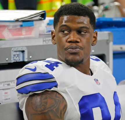 Dallas Cowboys defensive end Randy Gregory (94) is pictured on the bench during the Detroit...