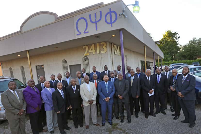 Fraternity brothers of Omega Psi Phi gather for a group photo at chapter headquarters in...