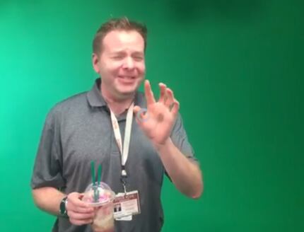 Videographer Tommy Noel taste-tests the Zombie Frappuccino. He cites "cough syrup, apple,...