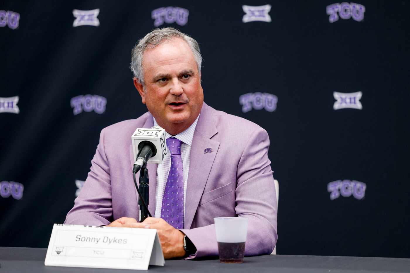 TCU head coach Sonny Dykes speaks during the Big 12 Media Days at AT&T Stadium, Wednesday,...