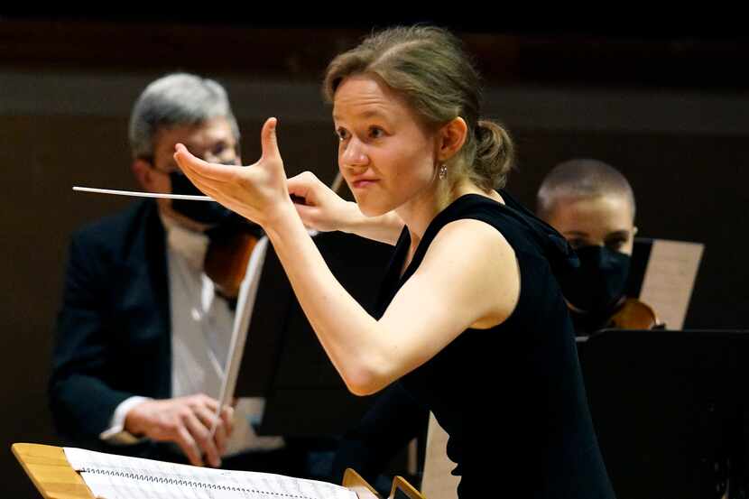 Conductor Katharina Wincor leads the Dallas Symphony Orchestra at the Meyerson Symphony...