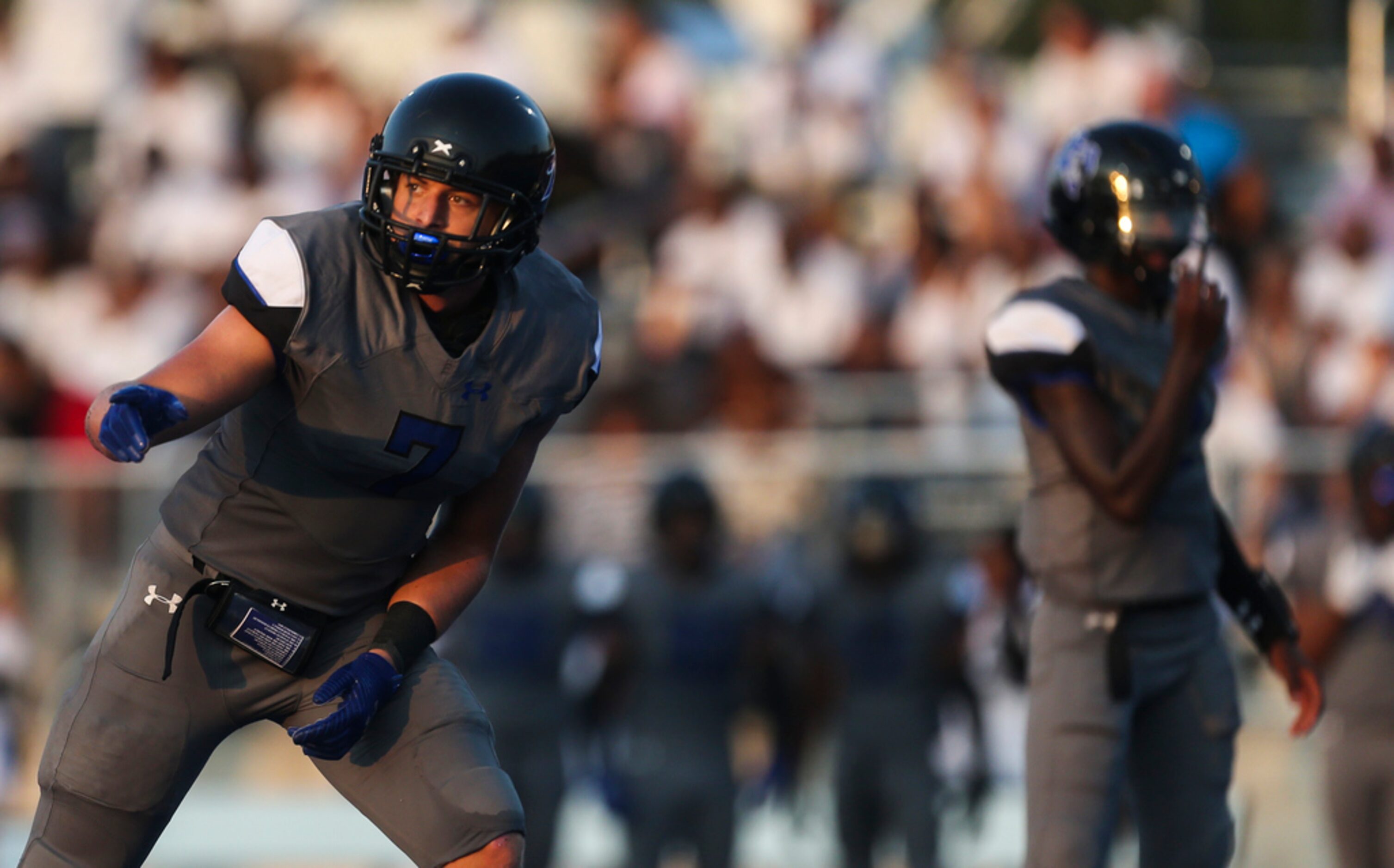 Trinity Christian-Cedar Hill free safety Caleb Ferguson Jr. looks down the line during a...