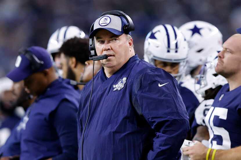 Dallas Cowboys head coach Mike McCarthy looks down the sideline to an official during the...