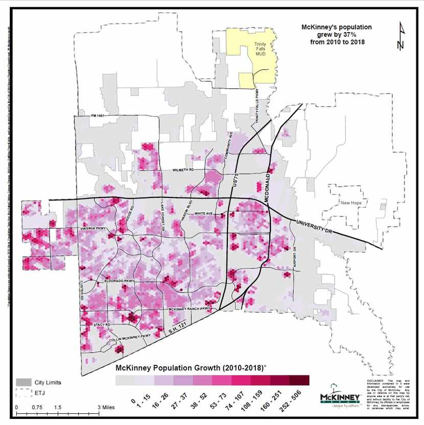 The map shows McKinney's population growth from 2010 to 2018, when the city estimates its...