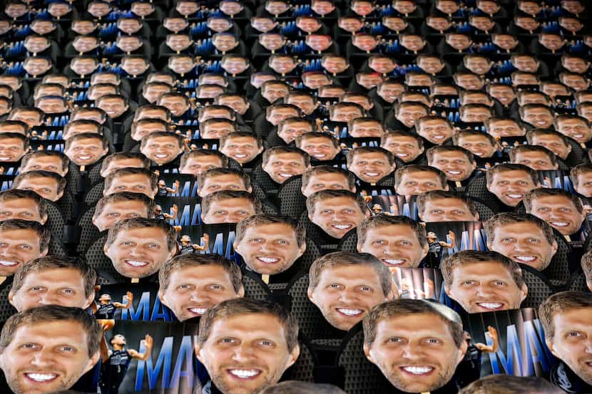 The Dallas Mavericks placed cutouts of Dirk Nowitzk's face on each seat behind both baskets...
