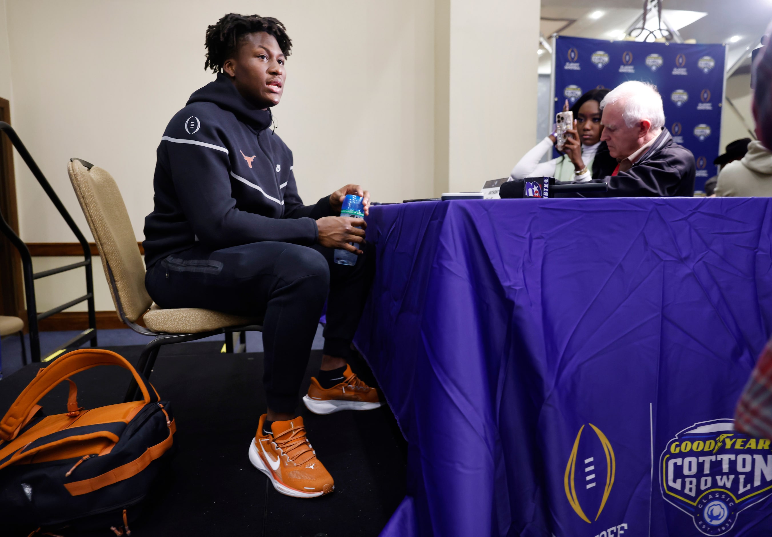 Texas Longhorns linebacker Anthony Hill Jr. of Denton answers questions from the media...