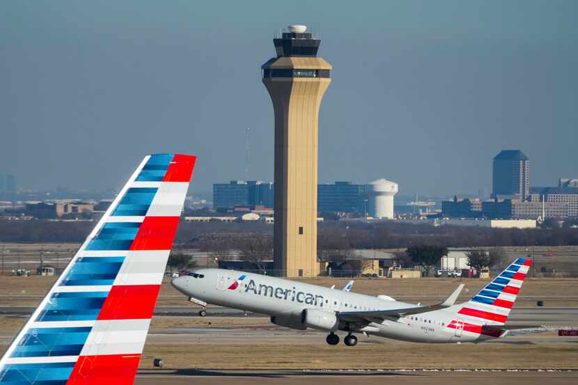 An American Airlines plane taking off at DFW Airport on Friday, Feb. 3, 2023.