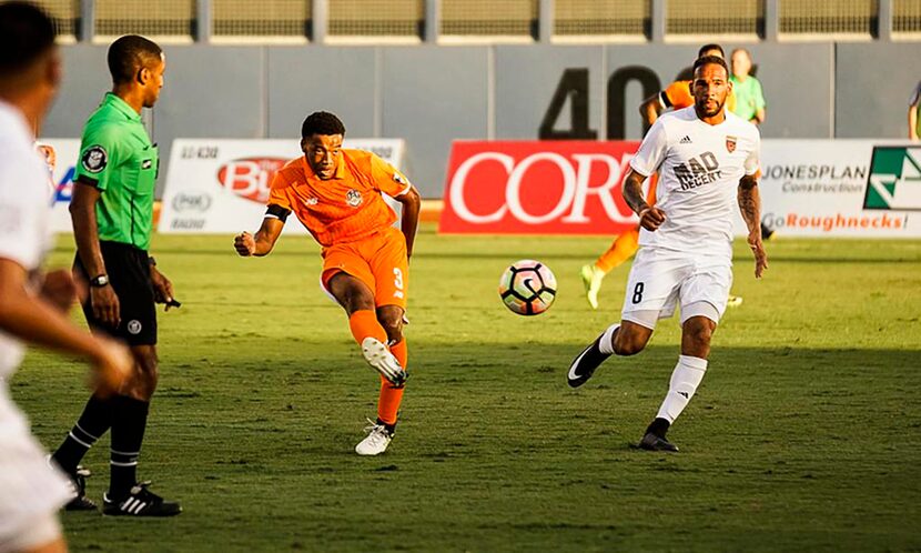 Jacori Hayes (#3 in orange) of FC Dallas playing for the Roughnecks while on loan to Tulsa...