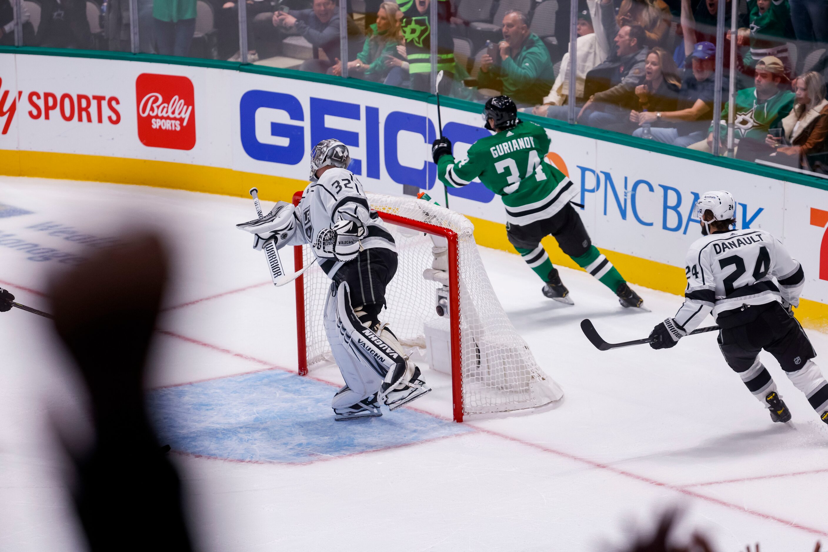 Dallas Stars right wing Denis Gurianov (34) skates away after hitting the game score puck...