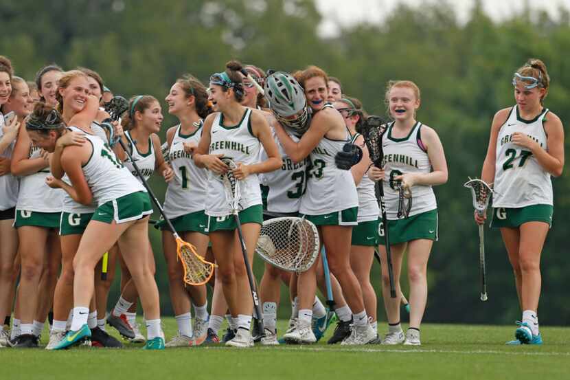 Greenhill celebrates beating Plano in the Division II Texas High School Girls Lacrosse...