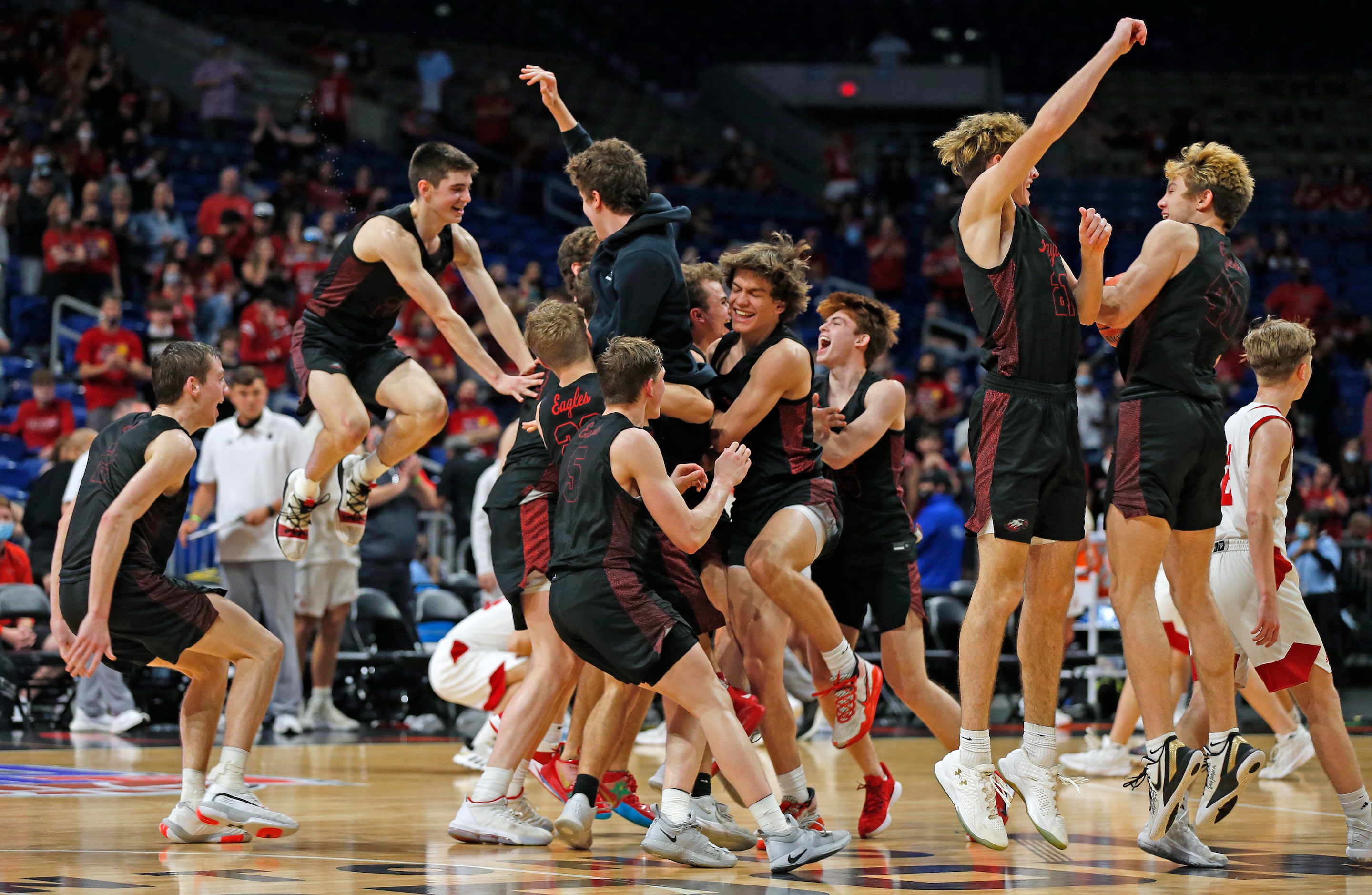 Argyle celebrates at the end of the game after defeating Hargrave. UIL boys Class 4A...