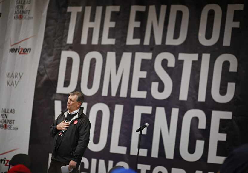 Dallas  Mayor Mike Rawlings addresses the crowd during the "Men Against Abuse Rally" in...