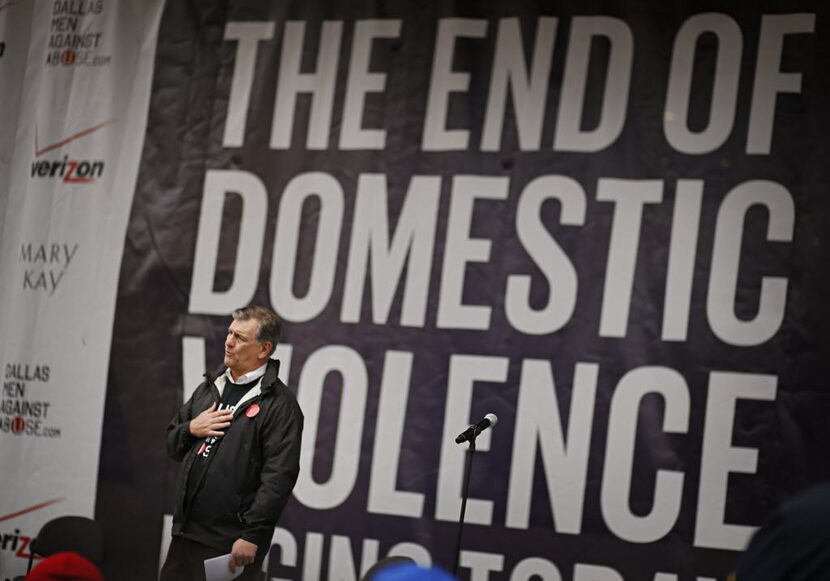 Dallas  Mayor Mike Rawlings addresses the crowd during the "Men Against Abuse Rally" in...