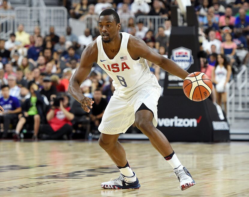 LAS VEGAS, NV - JULY 22:  Harrison Barnes #8 of the United States brings the ball up the...