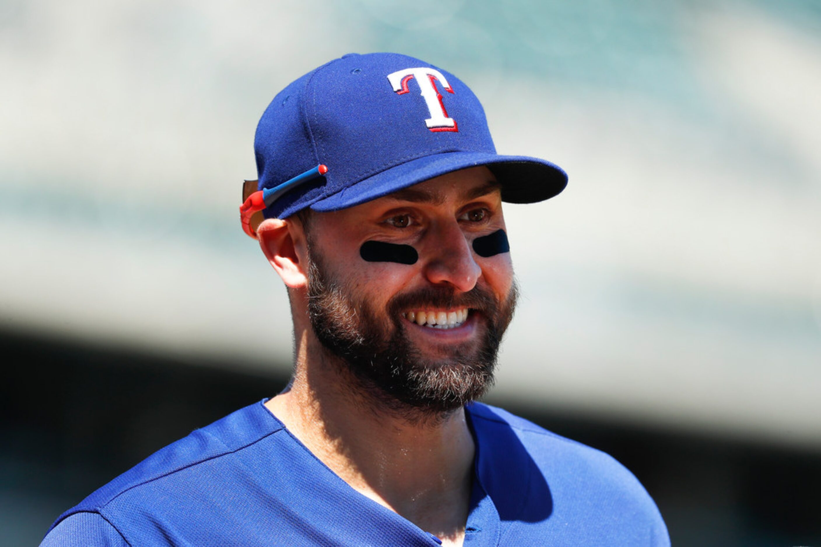 Texas Rangers' Joey Gallo smiles after a baseball game against the Detroit Tigers in...