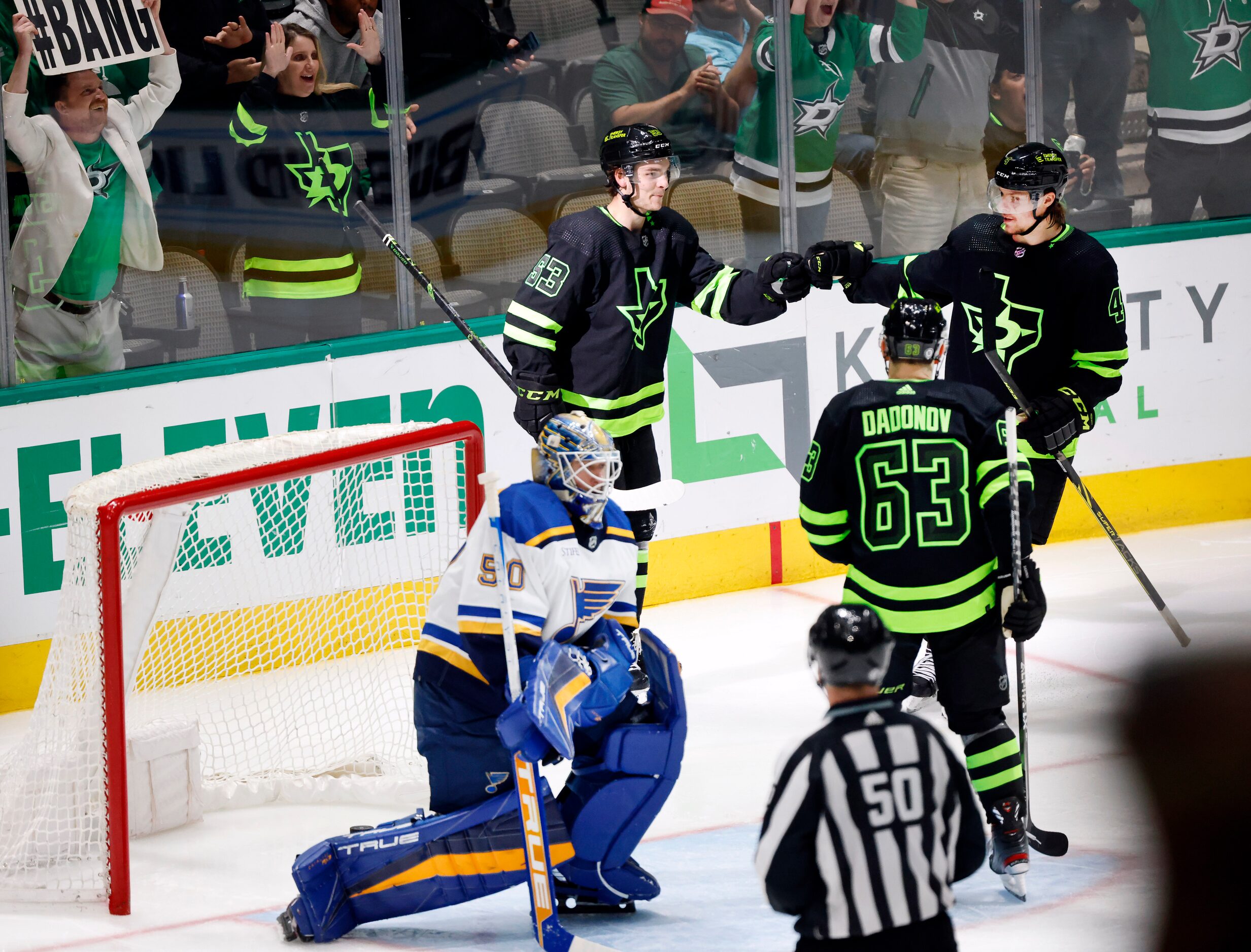 Dallas Stars center Wyatt Johnston (53) is congratulated on his third period goal by...