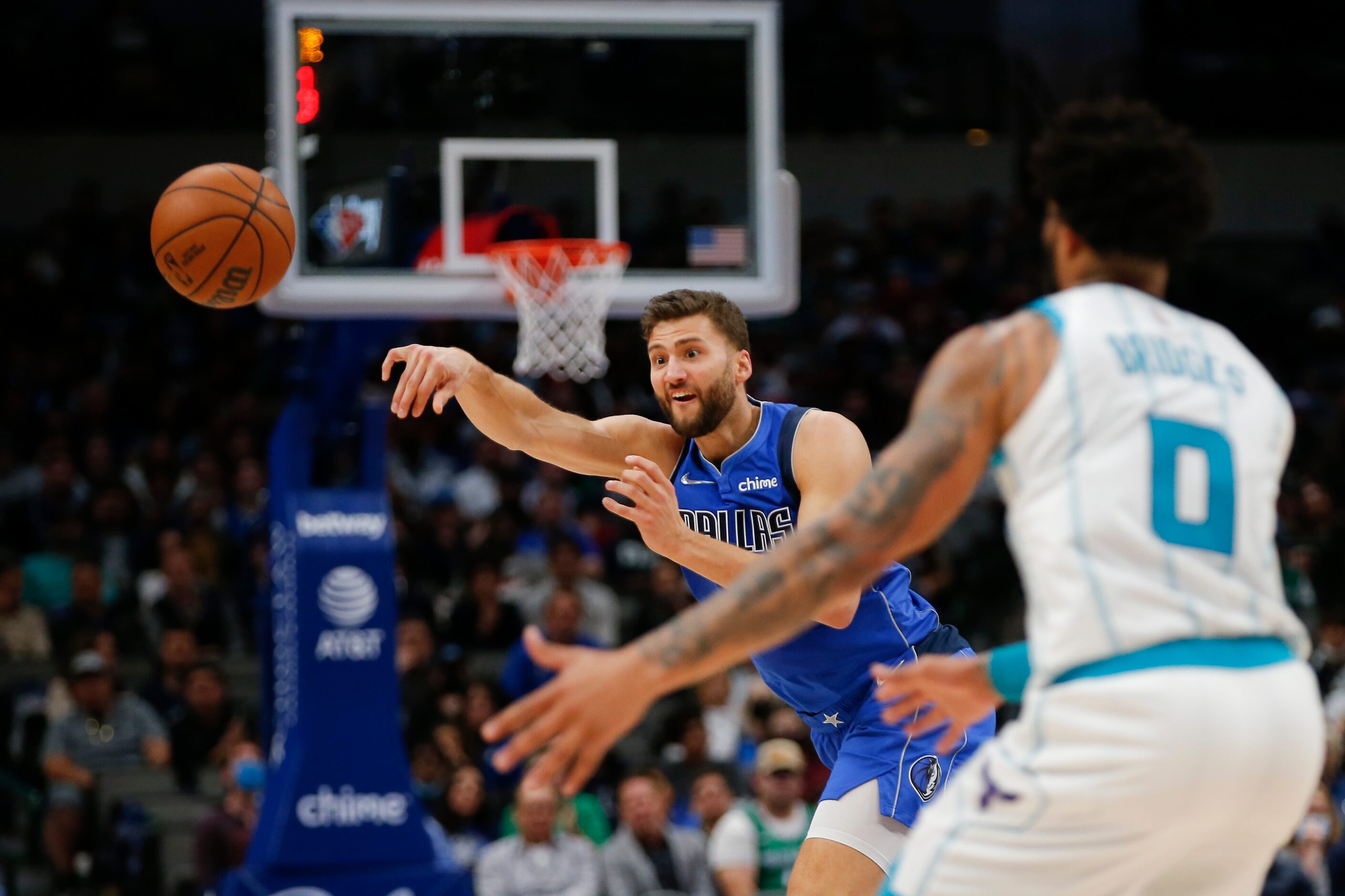 Dallas Mavericks forward Maxi Kleber (42) passes as Charlotte Hornets forward Miles Bridges...