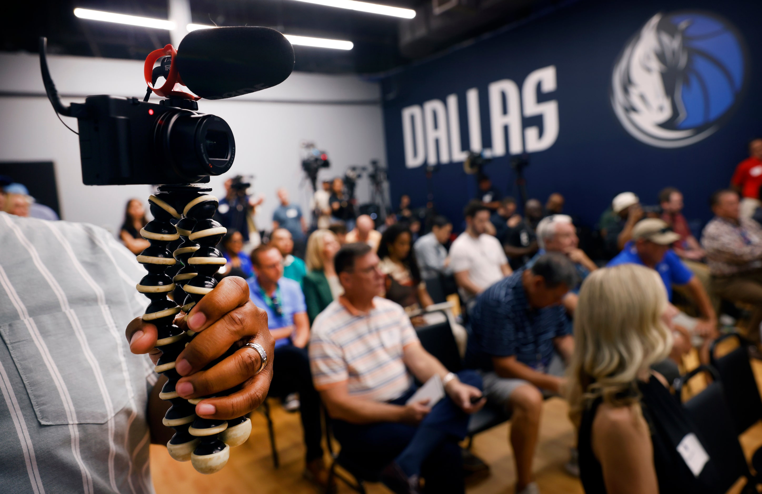 Media filled the interview room to hear from Dallas Mavericks guard Luka Doncic during media...