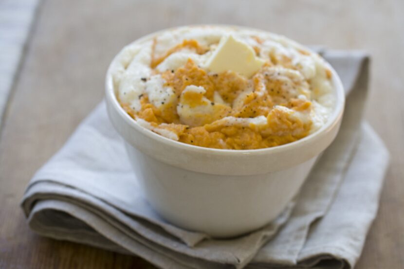 Sweet potatoes swirled with Parmesan cauliflower puree.