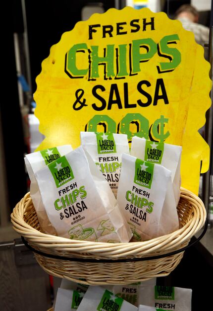 Fresh chips and salsa for sale at Laredo Taco company inside the 7-Eleven near the...