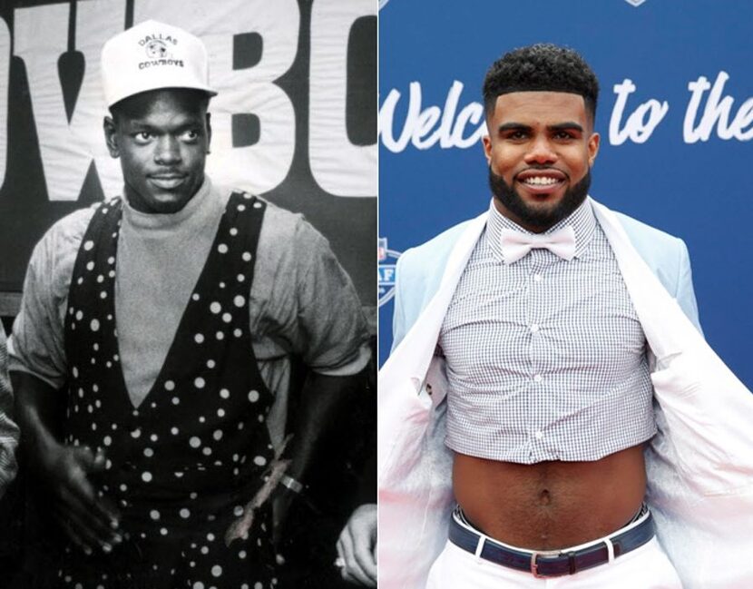 Emmitt Smith (left) in 1990 and Ezekiel Elliott in 2016.