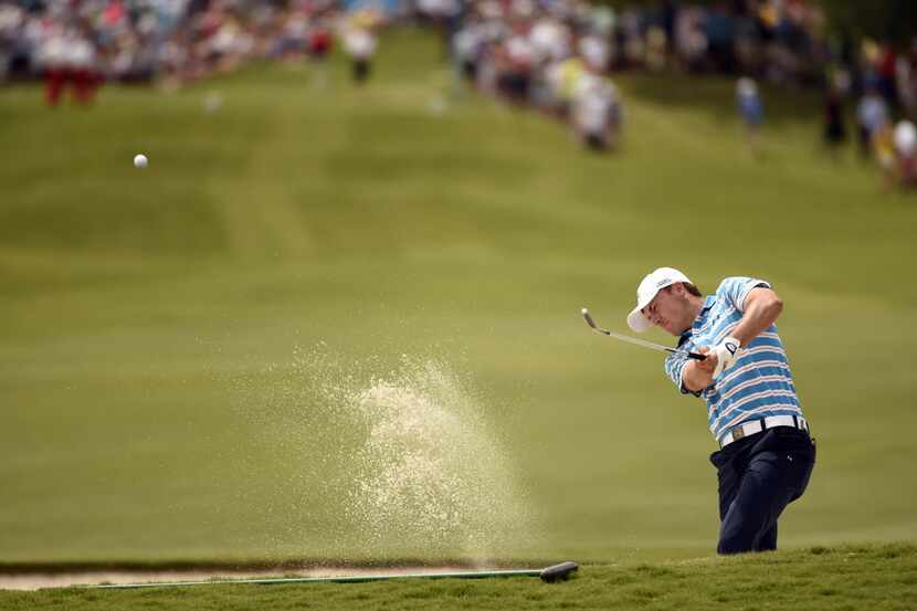 Jordan Spieth hits from a fairway bunker on the 3rd hole during the third round of the HP...