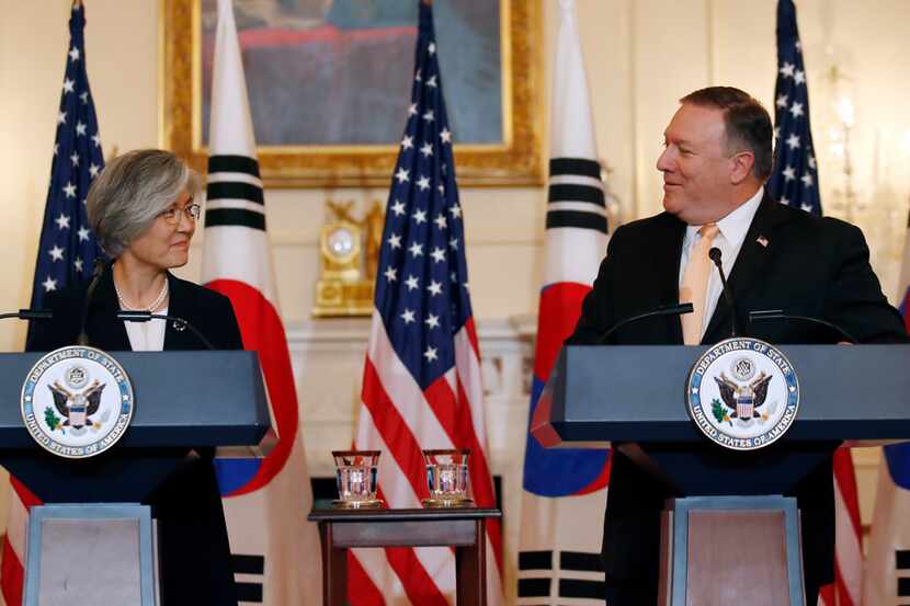 Secretary of State Mike Pompeo (right) speaks during a media availability with South Korean...