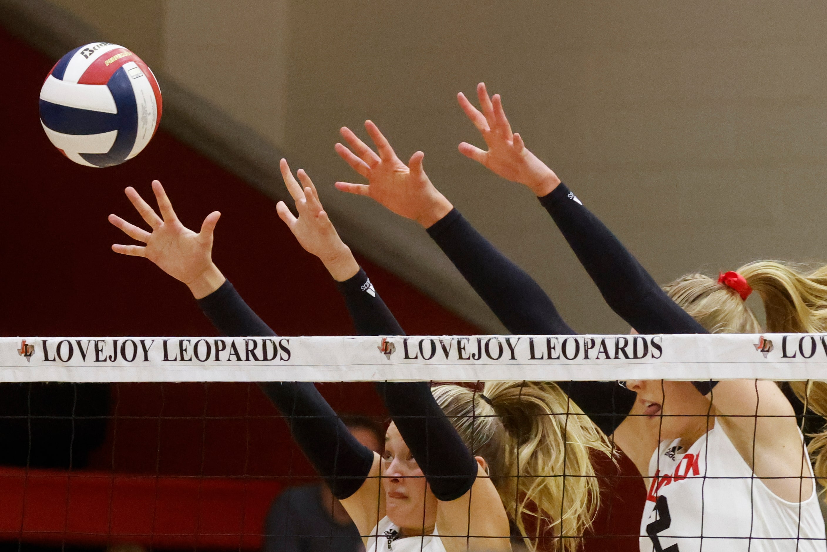 Lovejoy’s SadieJane Hand, left, and Shelby Burriss, attempts to block a shot against Prosper...