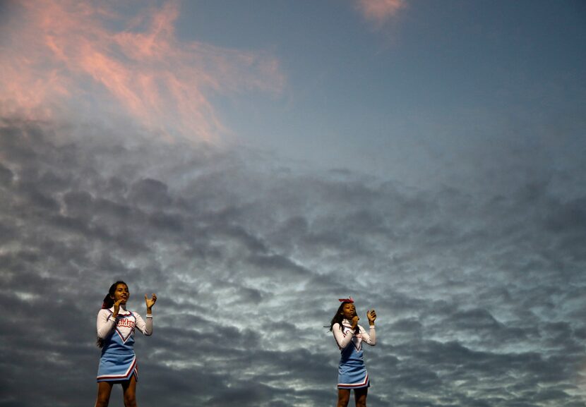 Skyline cheerleaders cheer before their game against Jesuit at Postell Stadium in Dallas, TX...