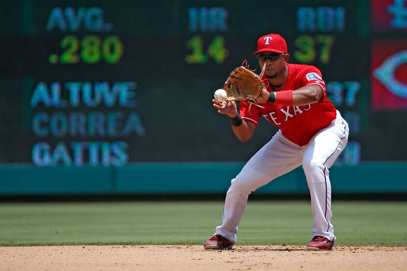 Texas Rangers shortstop Elvis Andrus (1) fields the ball against Houston Astros during their...