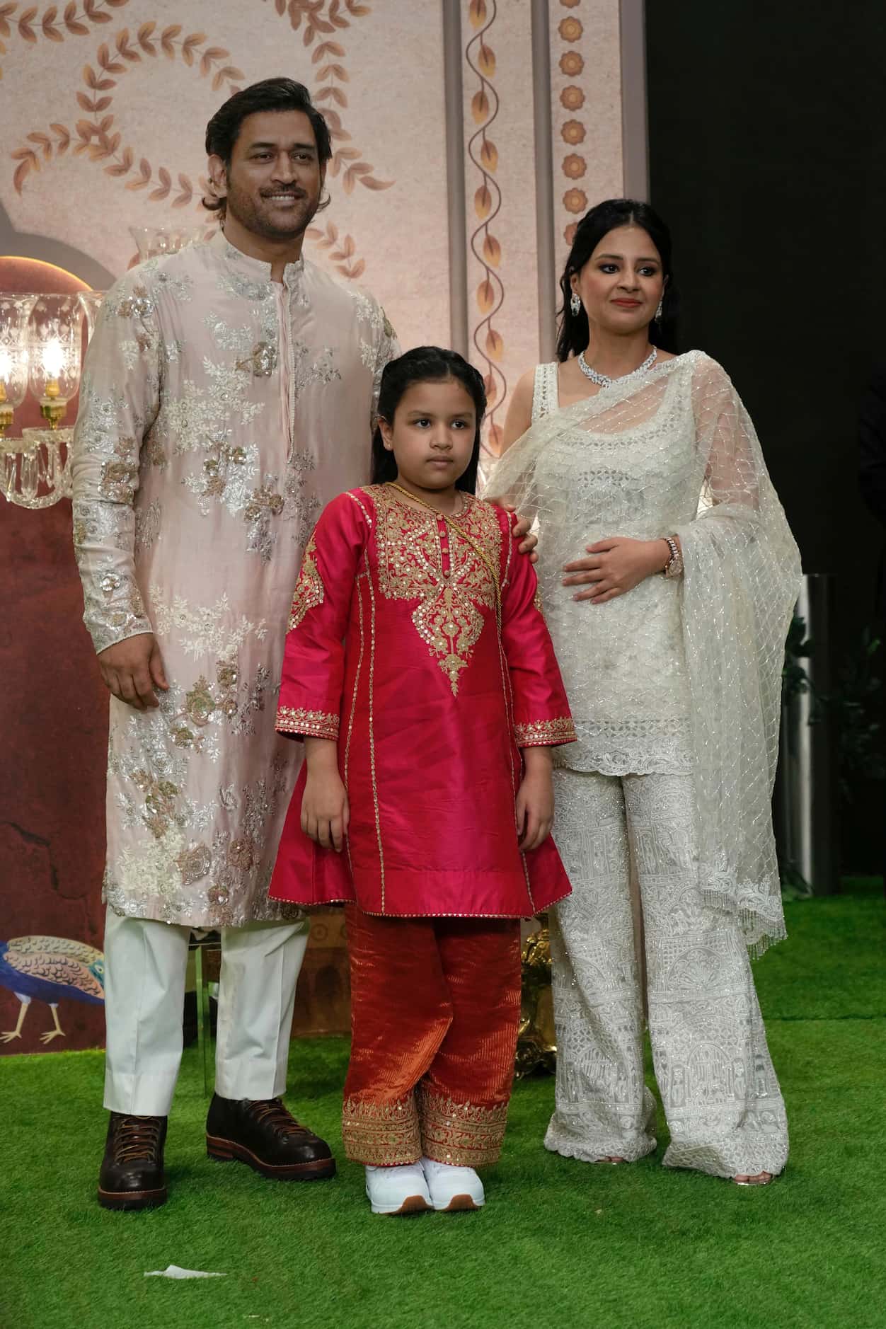 Former Indian cricketer MS Dhoni with his wife Sakshi and daughter Ziva Singh during the...