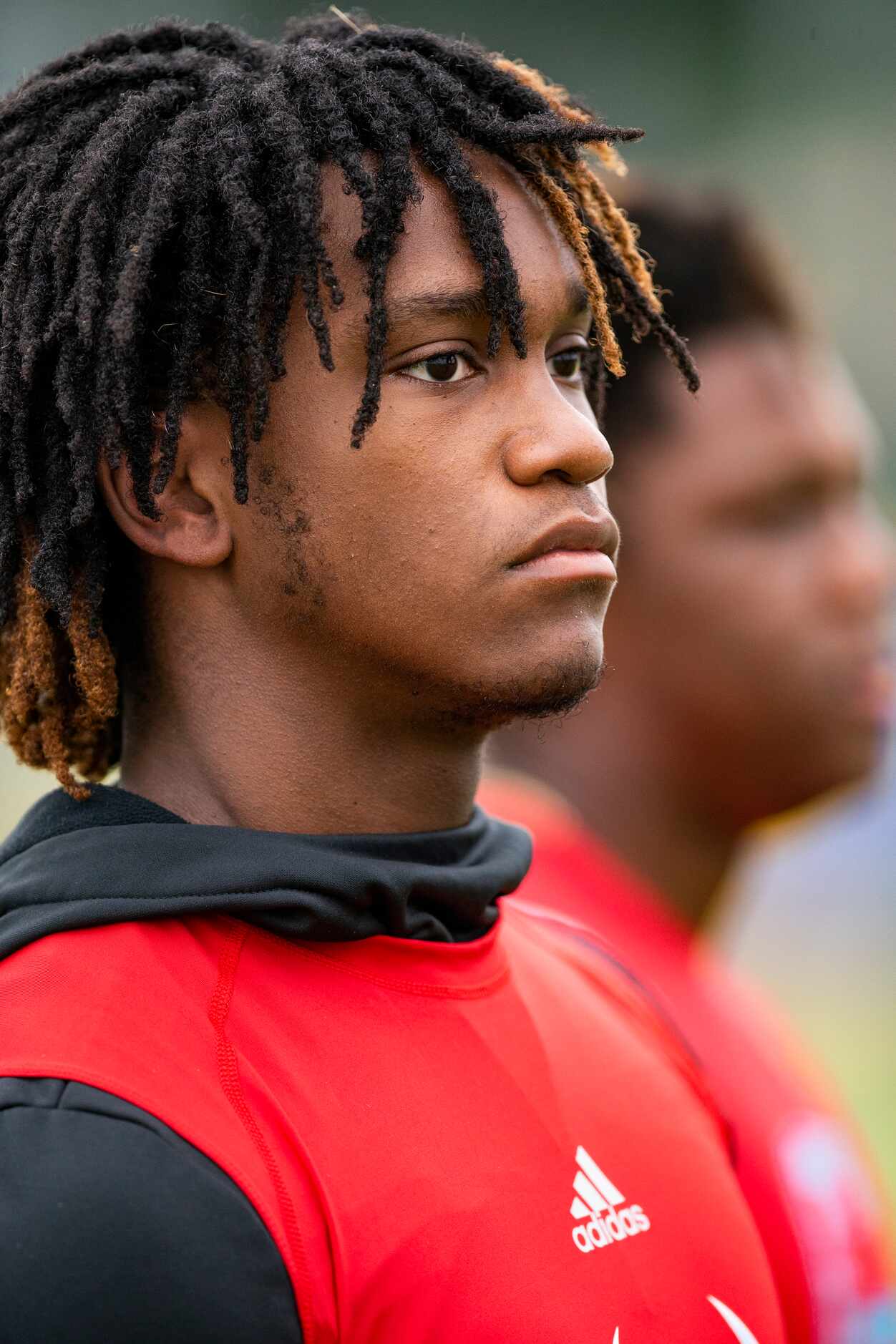 Carter senior linebacker Janari Hyder looks on during the first day of football practice at...