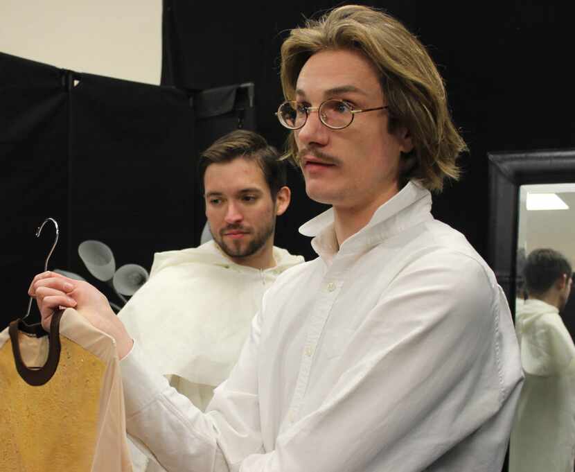 Designer Austin Scarlett (right) consults with Fort Worth Opera production director Kurt...