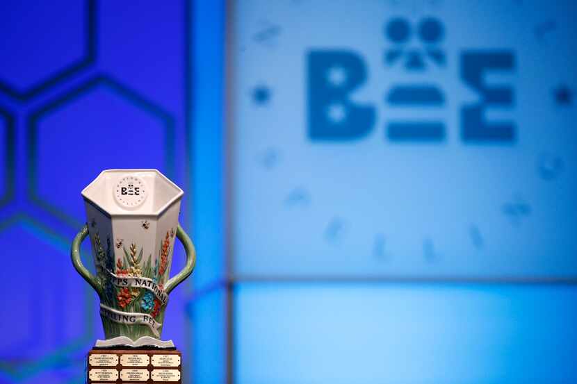 The Scripps National Spelling Bee trophy is displayed before the final round, Thursday, May...