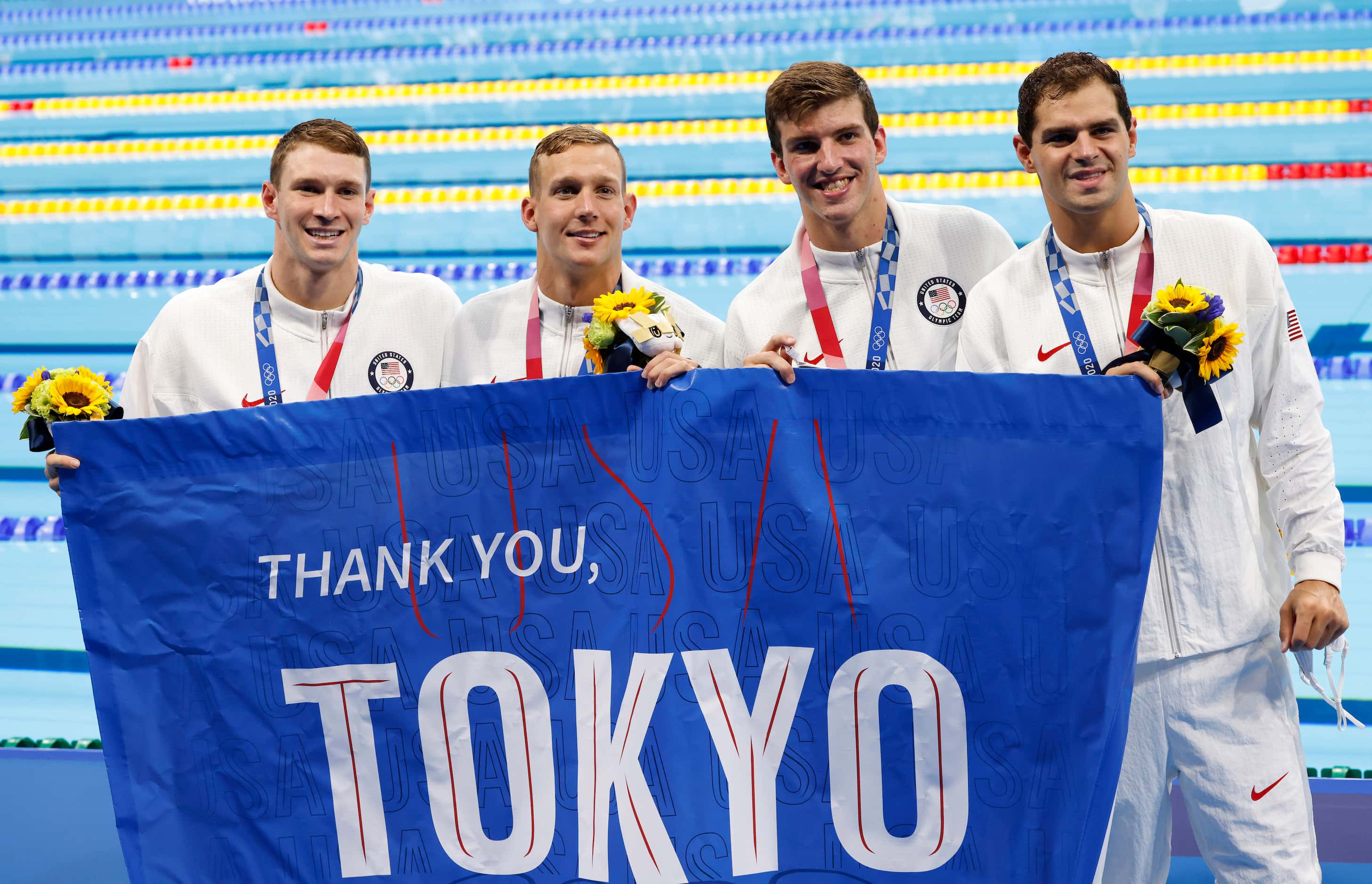 (Left to right) USA’s Ryan Murphy, Caeleb Dressel, Zach Apple, and Michael Andrew pose for...