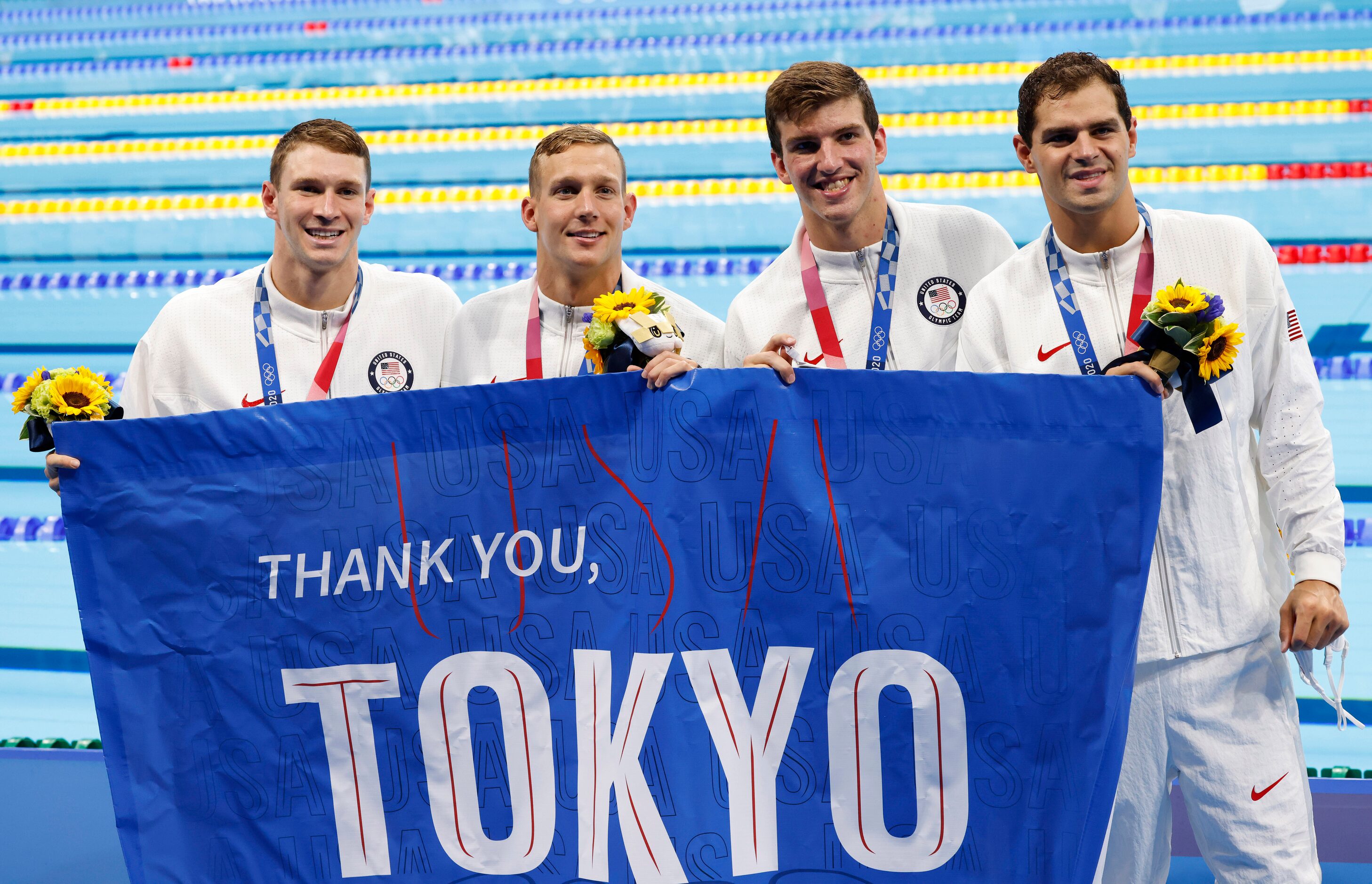 (Left to right) USA’s Ryan Murphy, Caeleb Dressel, Zach Apple, and Michael Andrew pose for...