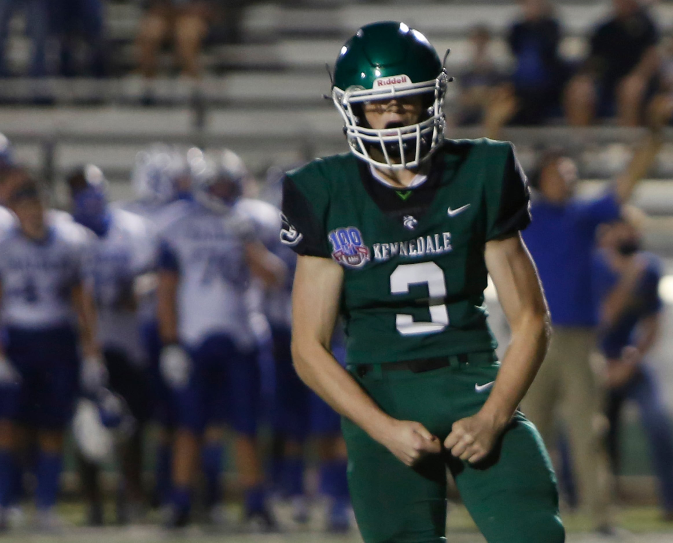 Kennedale kicker Aidan Birr (3) reacts after kicking the game winning field goal as time ran...