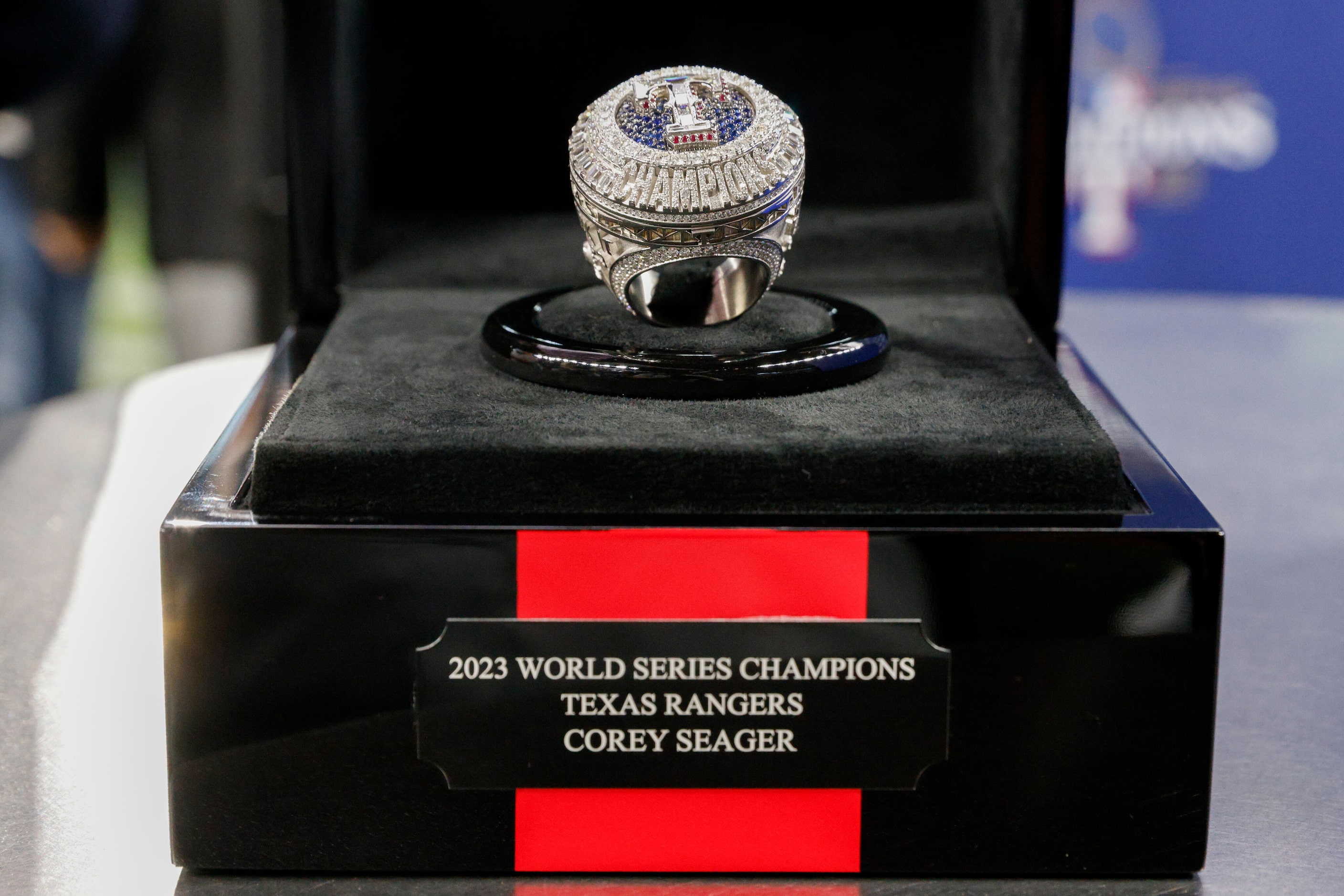 A look at Texas Rangers shortstop Corey Seager’s World Series championship ring, Saturday,...