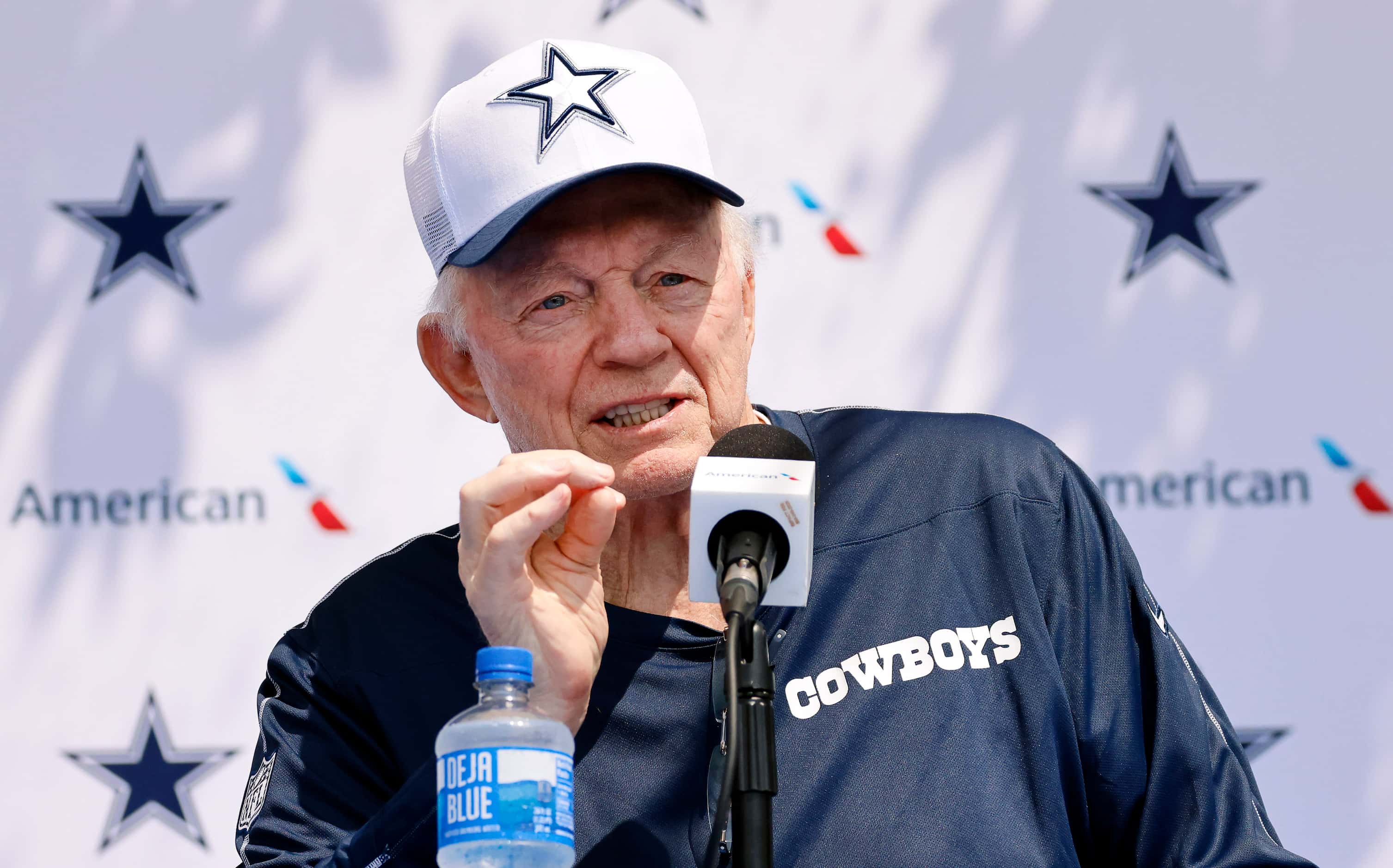 Dallas Cowboys owner Jerry Jones addresses questions from the media during his opening press...